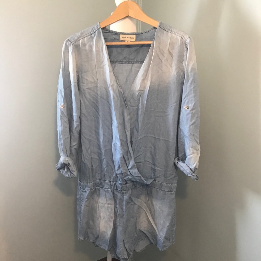 Light washed chambray shorts romper; Anthropologie